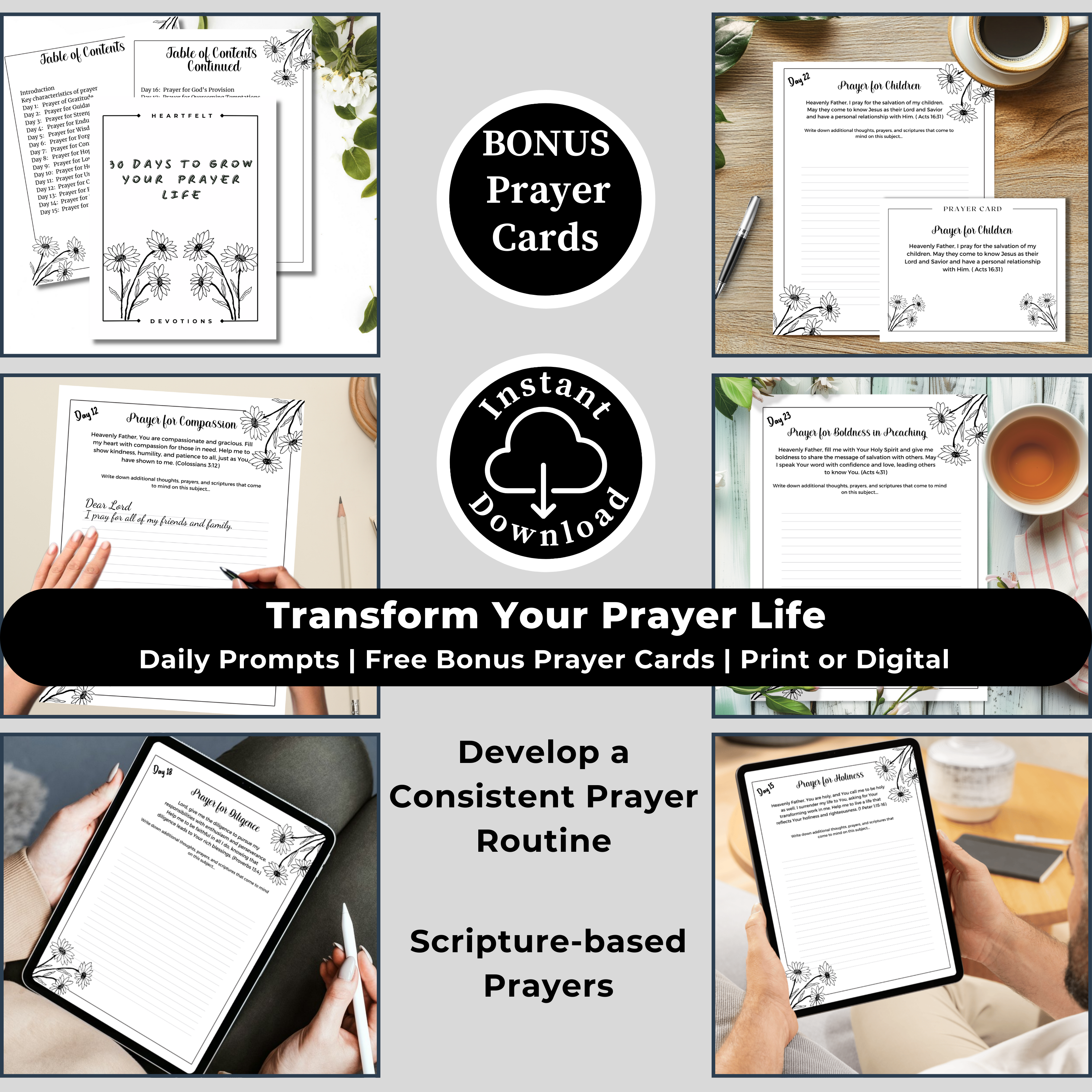 Daily Prayer Journal for Women - Digital Bible Study Planner with 30-Day Devotional, Scripture Cards, and Guided Journal Prompts. Available as a Printable PDF or for Digital Use