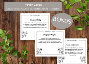 Printable scripture prayer cards included in the Daily Prayer Journal for Women, designed to inspire and encourage faith-based reflections throughout the day.