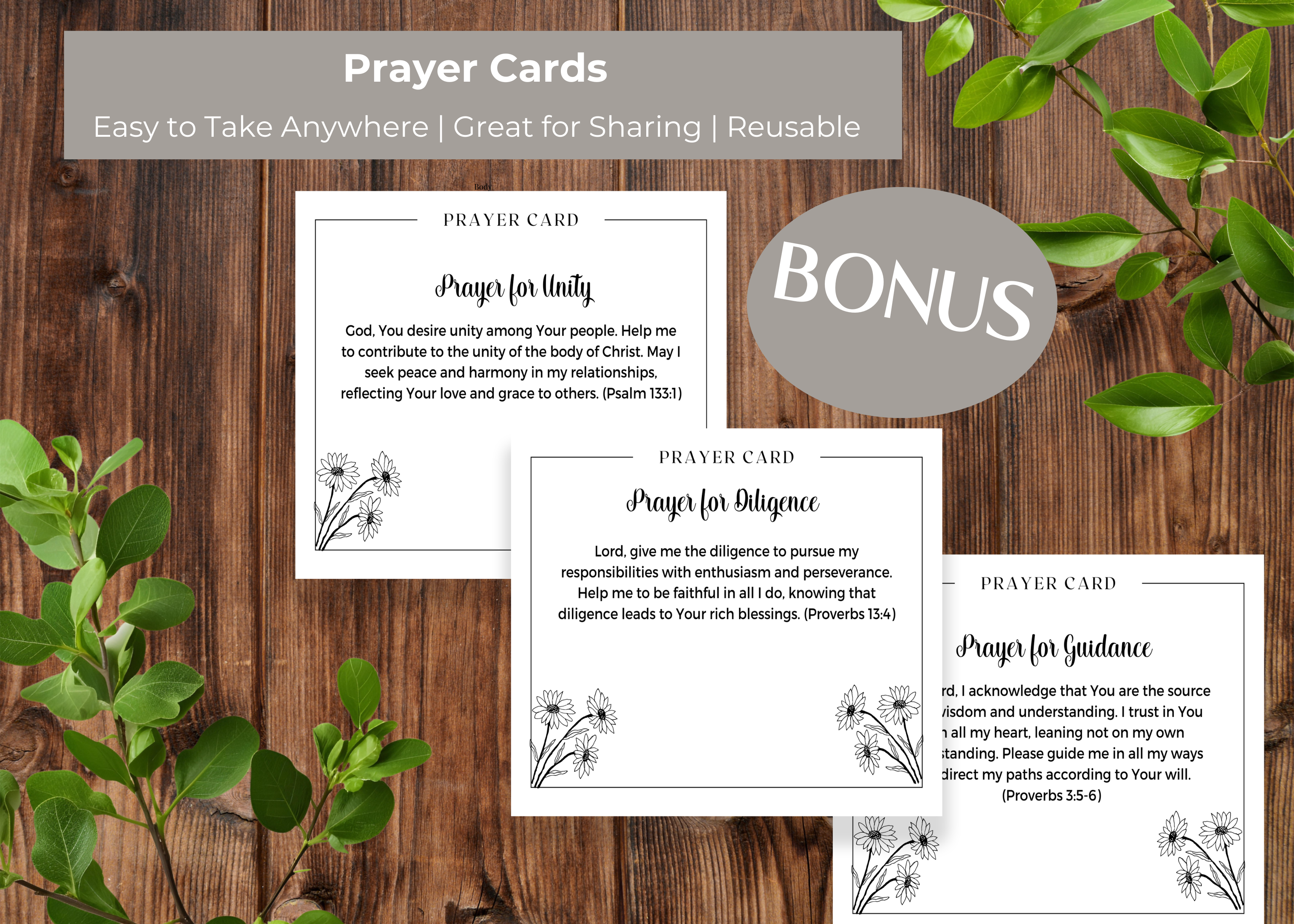 Printable scripture prayer cards included in the Daily Prayer Journal for Women, designed to inspire and encourage faith-based reflections throughout the day.
