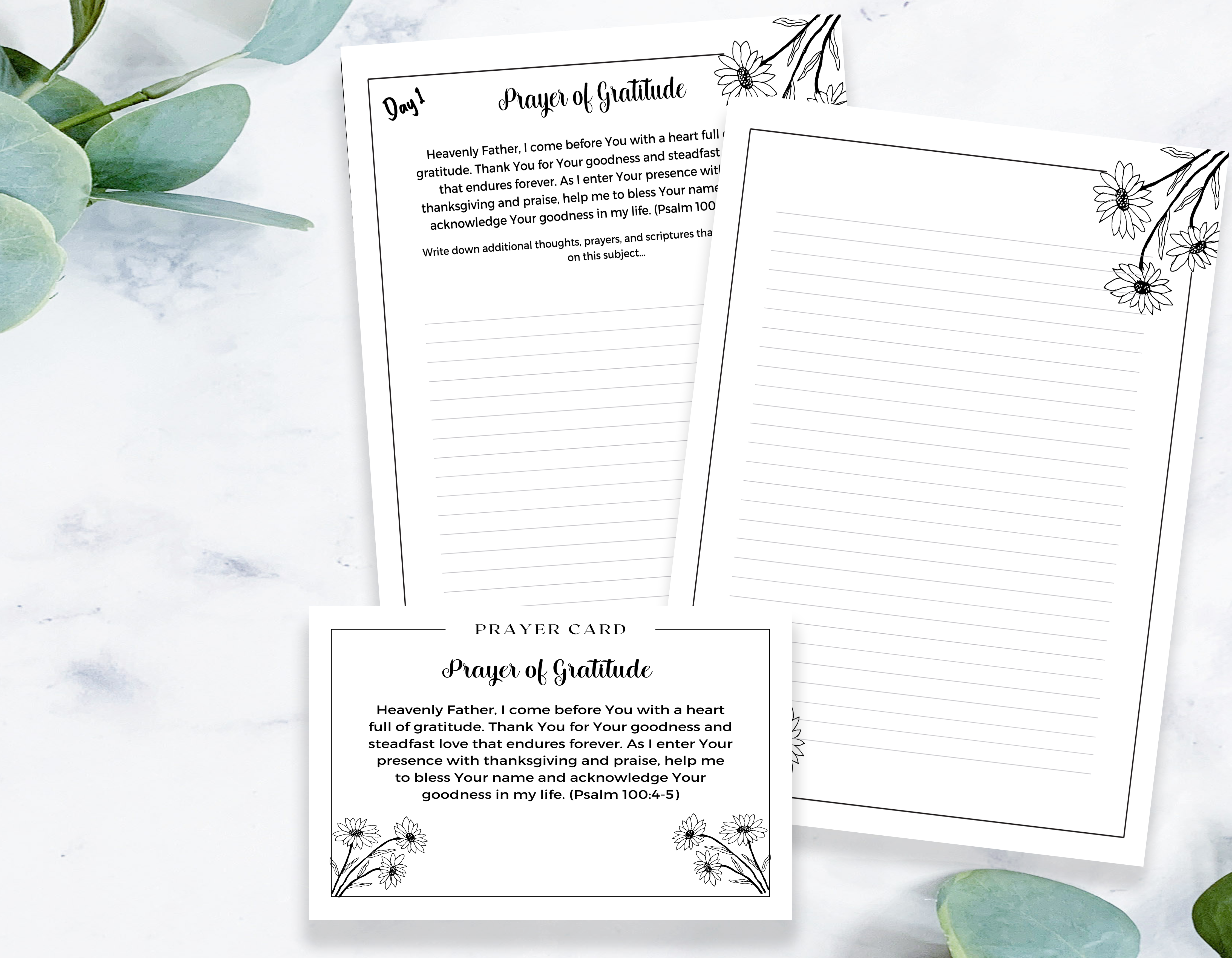 Sample pages from the 30-day Daily Prayer Journal, showcasing scripture-based reflections and daily inspiration for women.