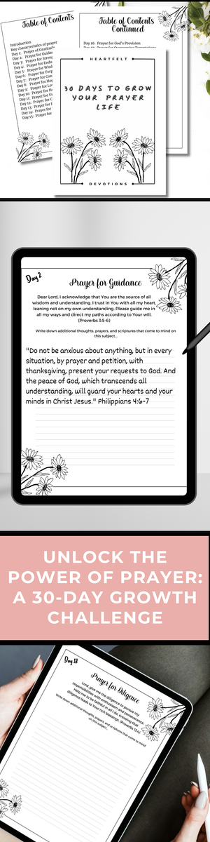 Multiple Close-ups of the Daily Prayer Journal, highlighting the30-days of  prayer tracking and reflection templates.