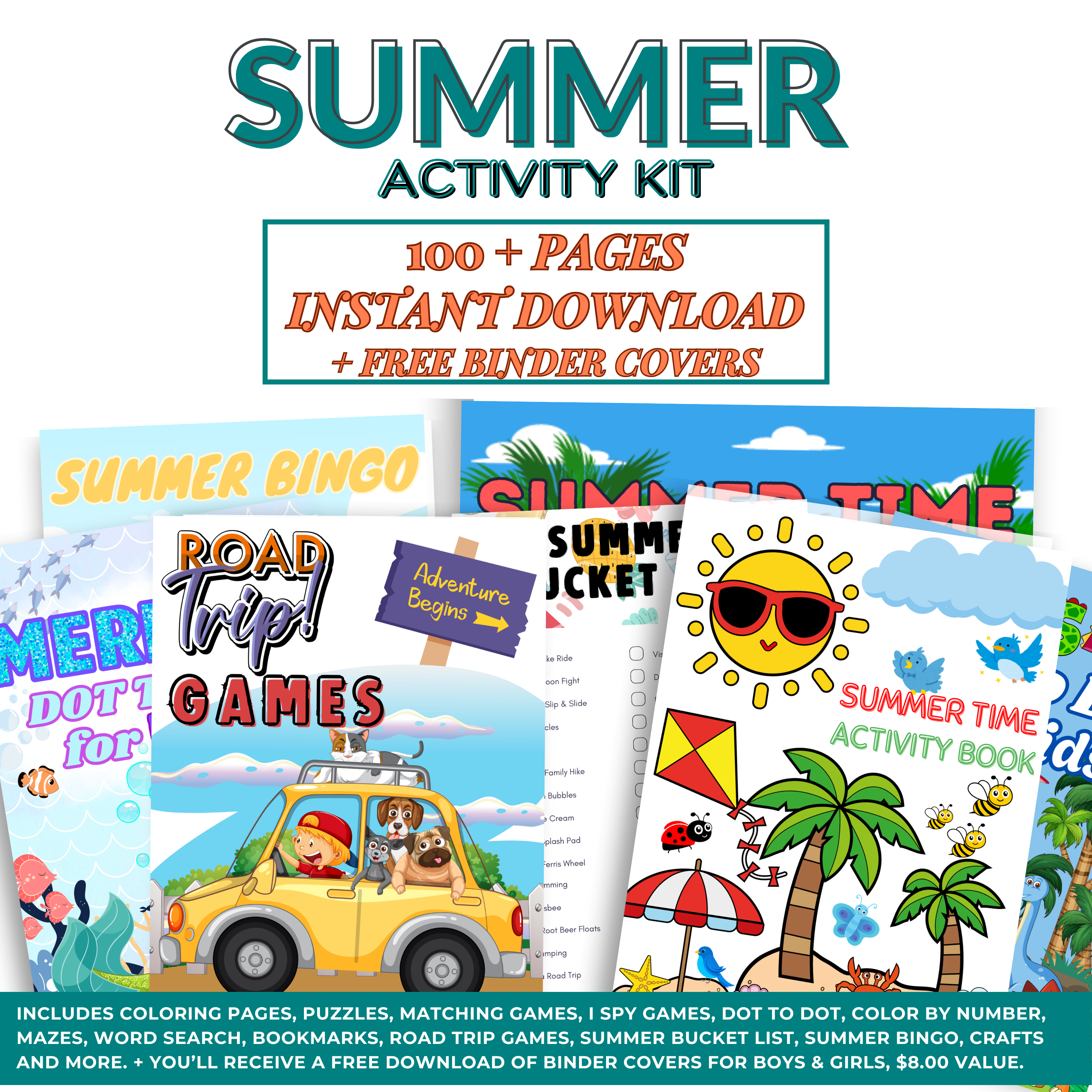 Ultimate Summer Fun Activity Bundle: 100+ Printable Pages of Coloring, Bingo, Dot to Dot & Road Trip Games for Kids