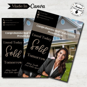 Comprehensive Real Estate Listing Presentation. Agent in front of the house. Listed today Sold Tomorrow. Realtor seller templates.