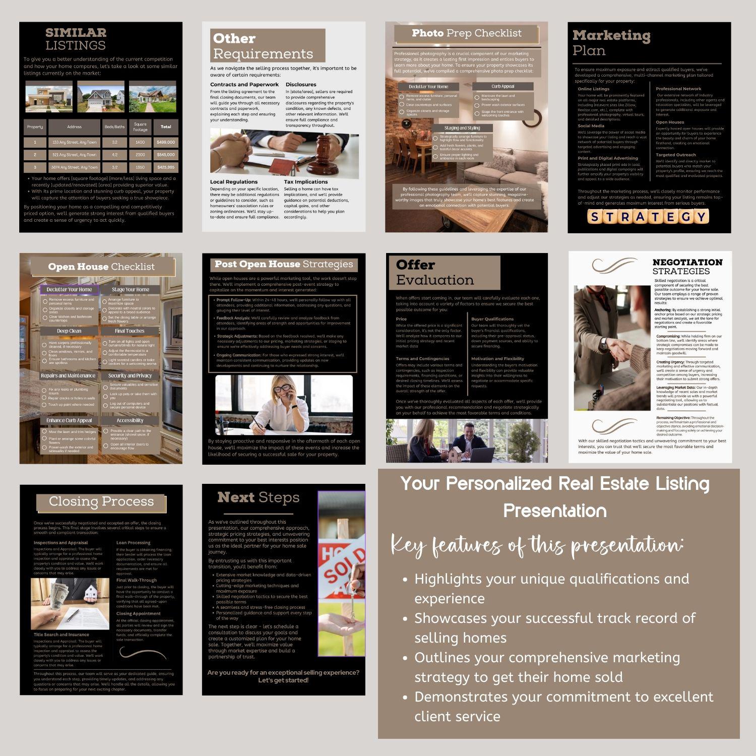 Real Estate Listing Presentation includes Similar Listings, Other Requirements, Photo Prep Checklist, Marketing Plan, Open House Checklist, Offer Evaluation, Negotiation Strategies, Closing Process. Highlight your unique qualifications and experience