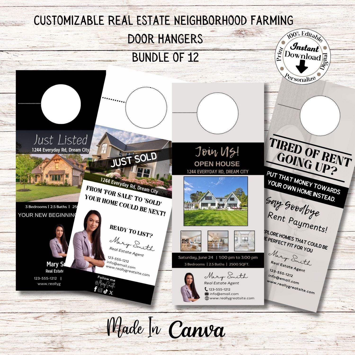 A set of customizable real estate door hangers designed in Canva, featuring modern layouts with spaces for property images, agent contact information, and personalized messages.