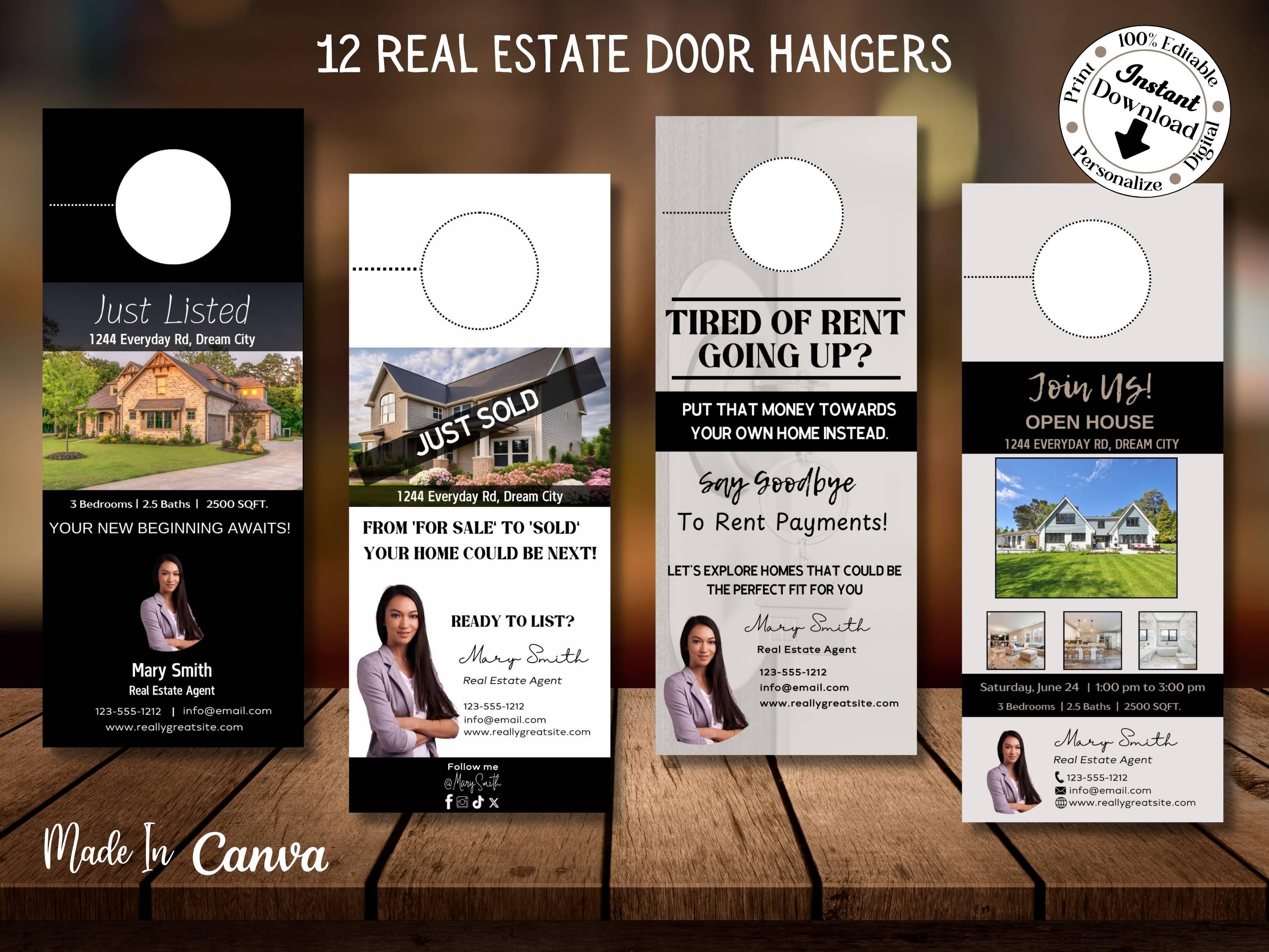 12 Real Estate Door Hangers. A collection of professionally designed door hanger templates tailored for real estate marketing, editable in Canva to include agent details, property highlights, and branding elements.