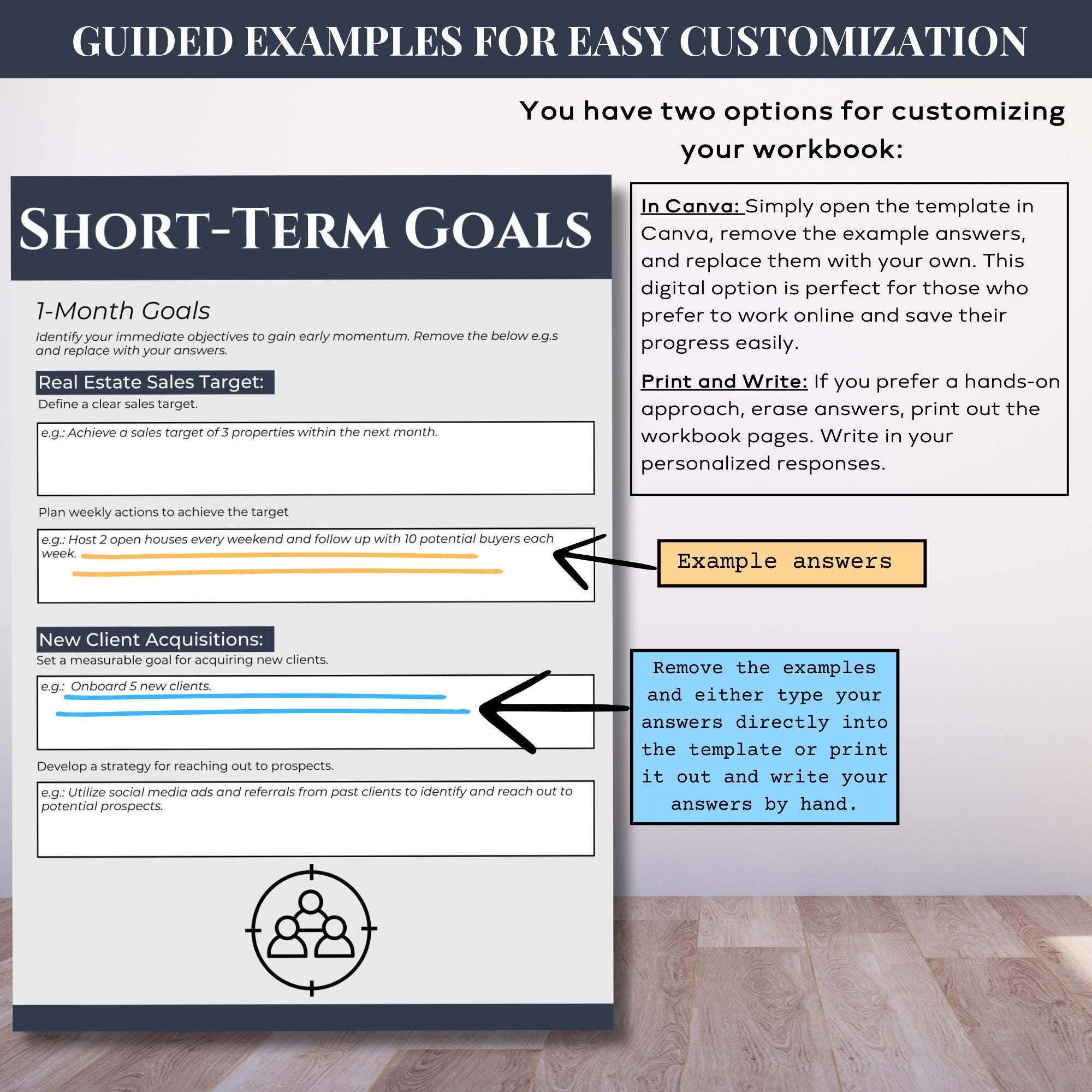 Professional real estate goal-setting workbook with 8 sections, ideal for agents seeking structured tools for career and business growth