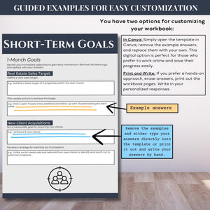 Professional real estate goal-setting workbook with 8 sections, ideal for agents seeking structured tools for career and business growth