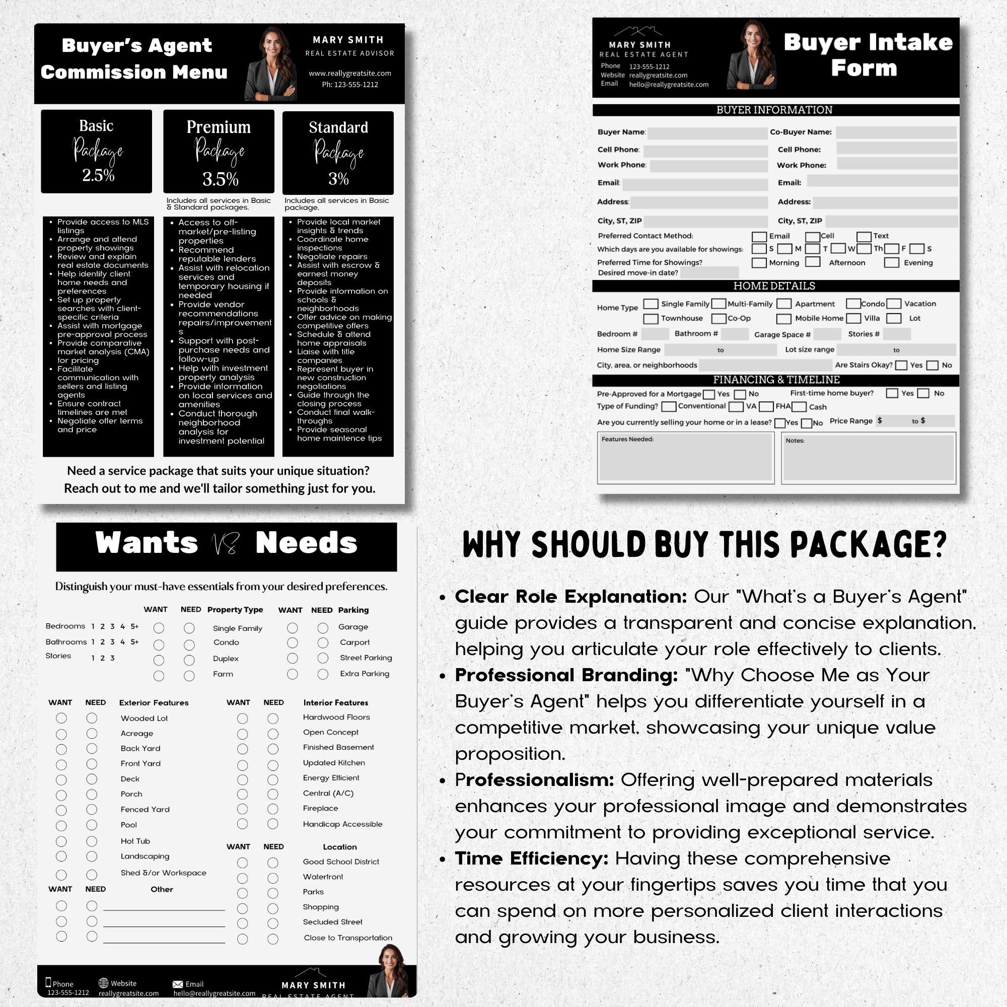 Buyer intake form, buyer's agent commission menu, wants vs needs.
