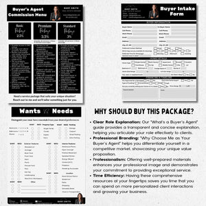 Buyer intake form, buyer's agent commission menu, wants vs needs.