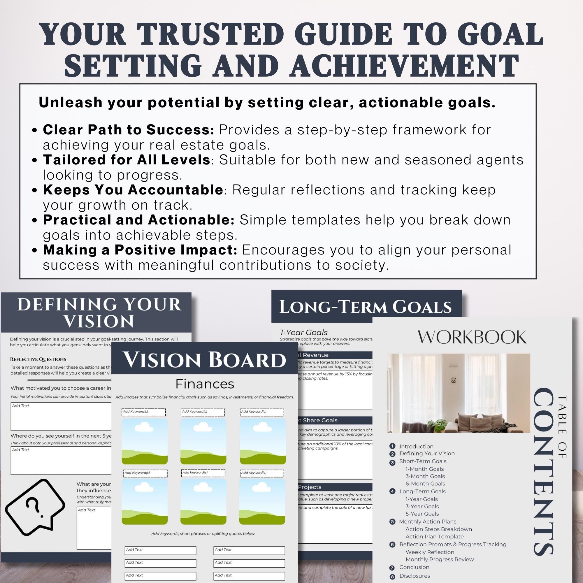 Editable Canva workbook for real estate agents with goal-setting sections, progress tracking, and monthly action plans for career growth.