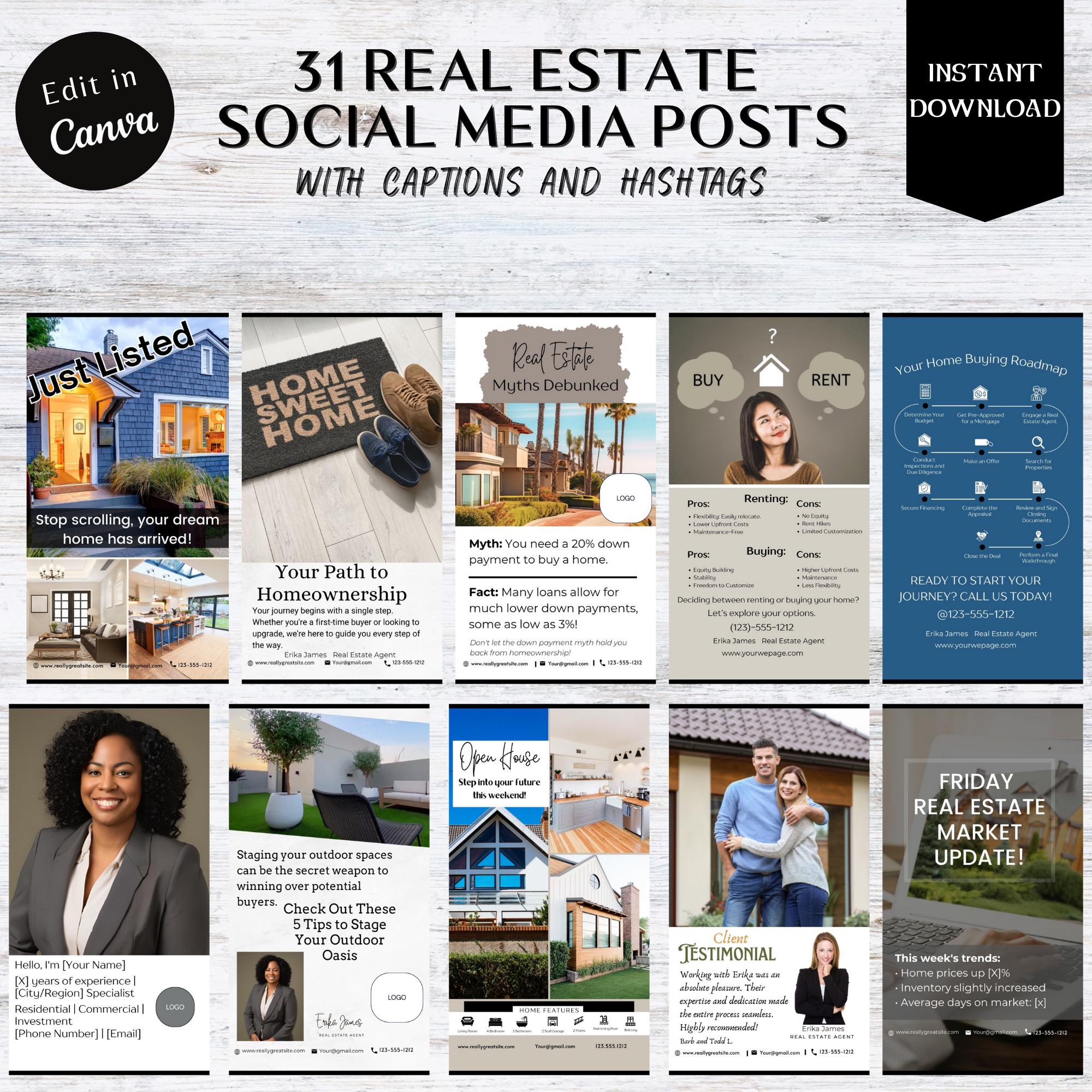 A collection of 31 beautifully crafted real estate social media templates for Facebook and Instagram, designed to help realtors engage with their audience.