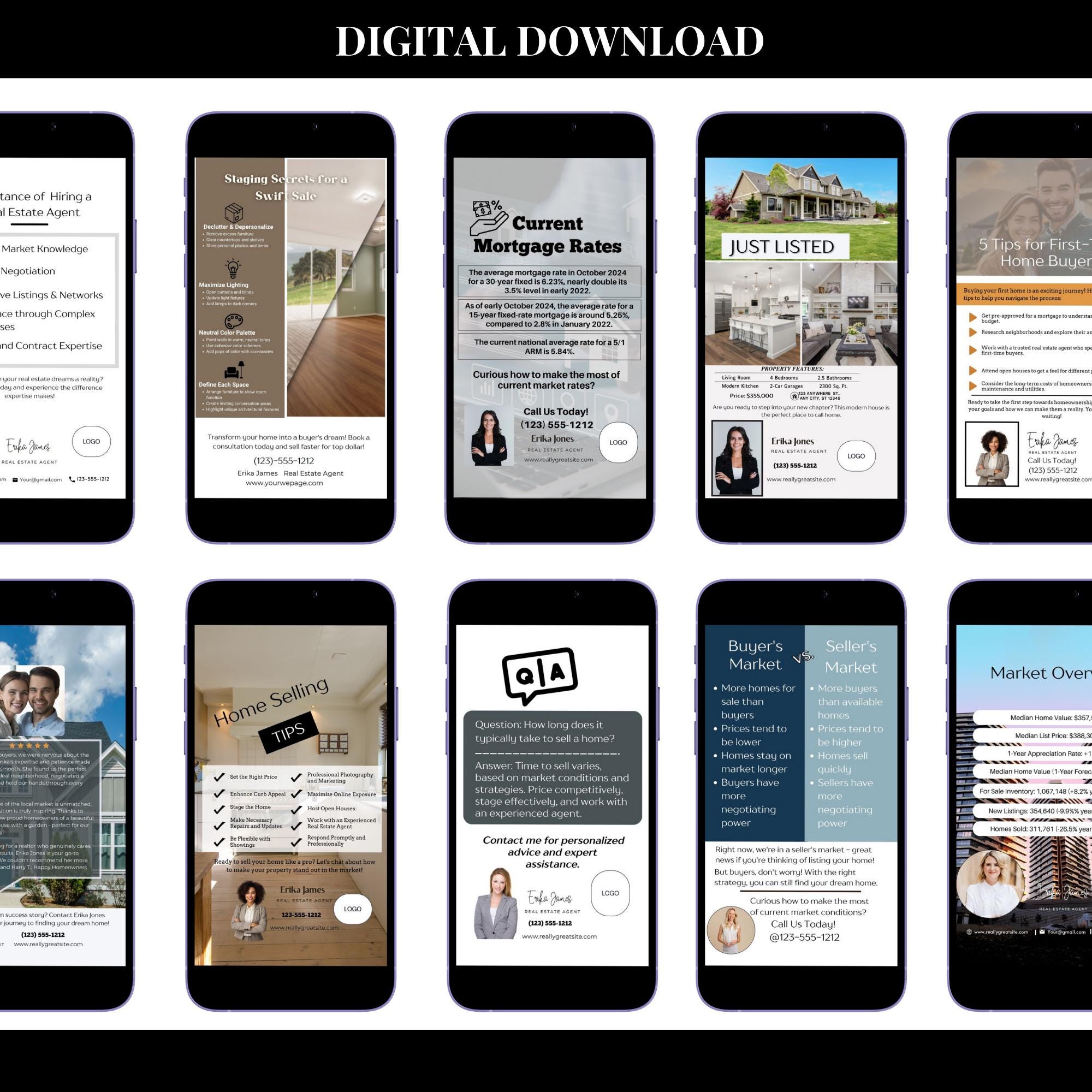 Real estate social media templates focused on educational content, showcasing vibrant and professional designs.