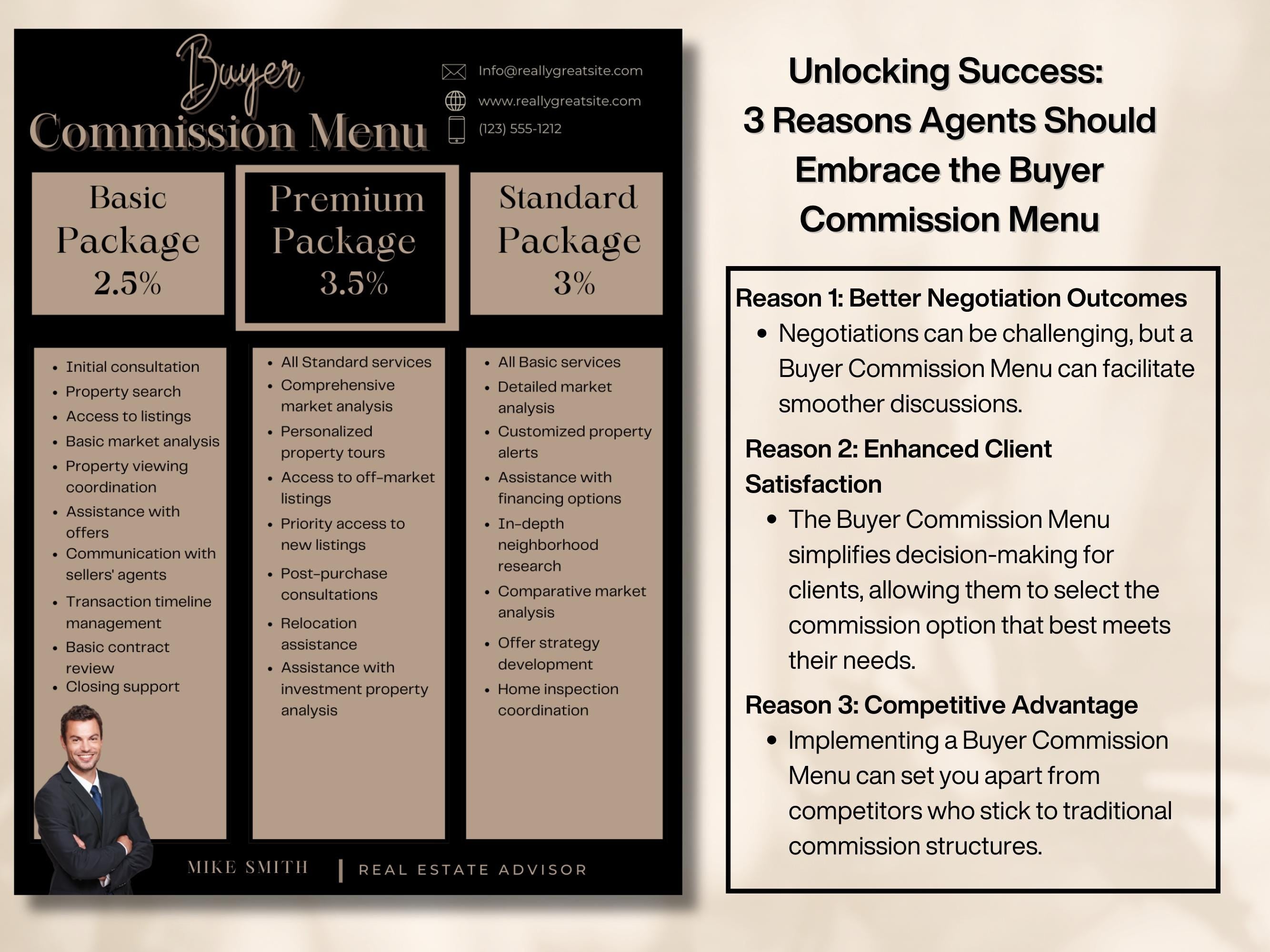 Printable sample of the real estate commission menu displayed in an 8.5x11 inch format, suitable for printing or digital sharing.
