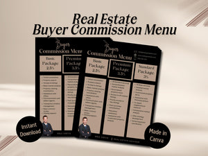 Digital real estate commission menu template showcasing basic, premium, and standard packages for realtors.