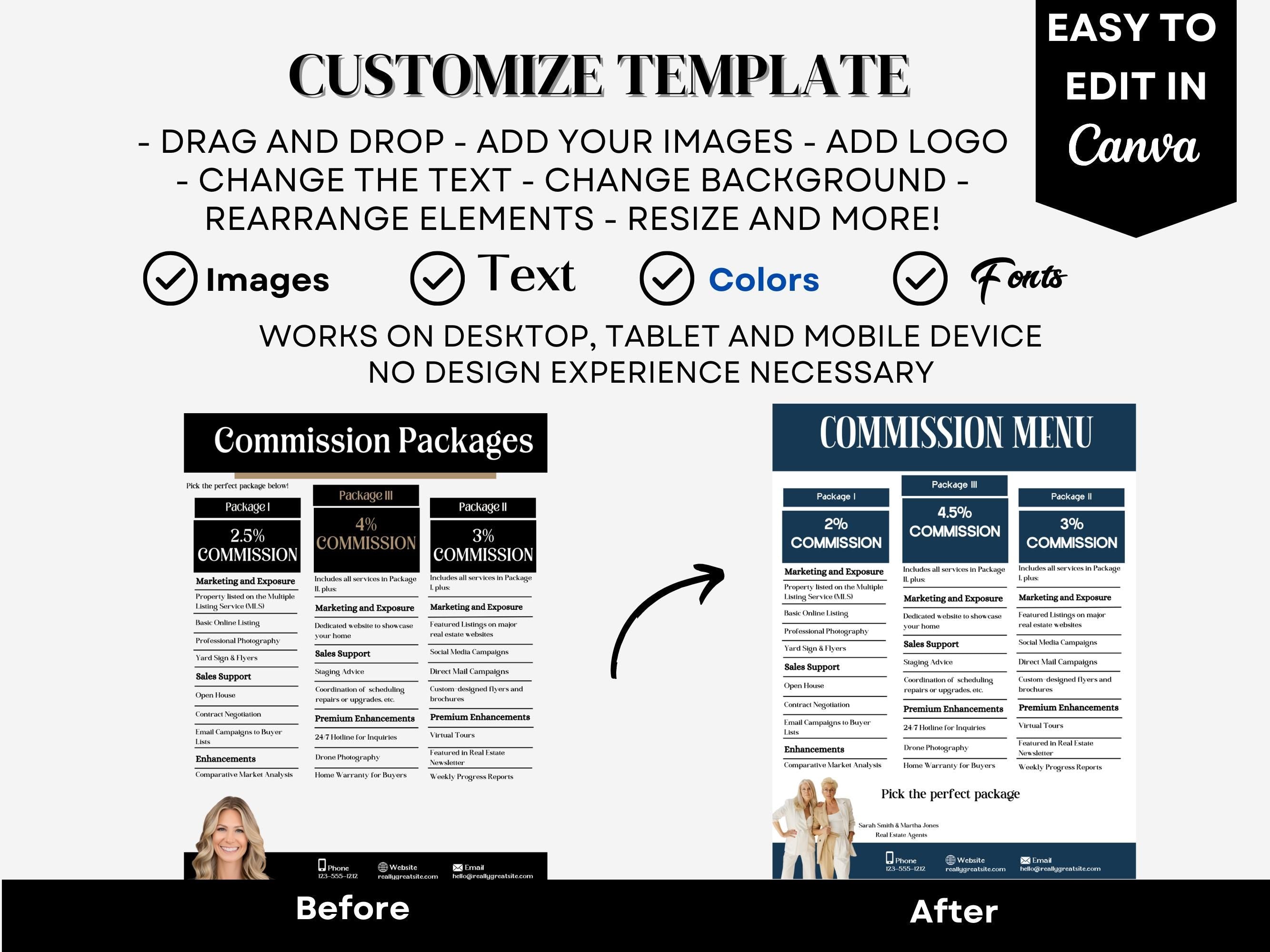 Close-up view of the commission structure section, showcasing editable fields in the Canva template.