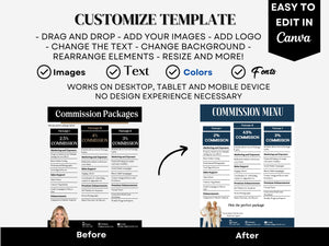 Close-up view of the commission structure section, showcasing editable fields in the Canva template.