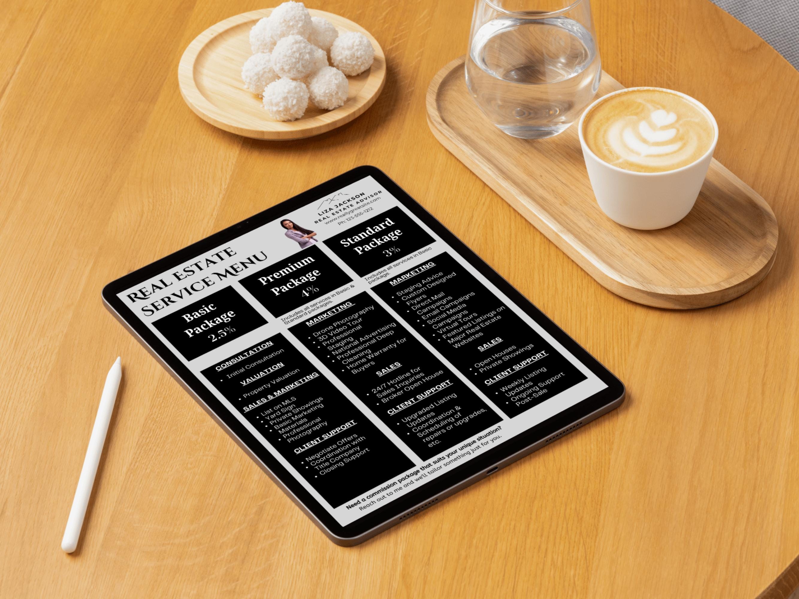 Overview of a Real Estate Service Menu with details on Basic, Premium, and Standard packages, including services such as property valuation, marketing strategies, and client support options.