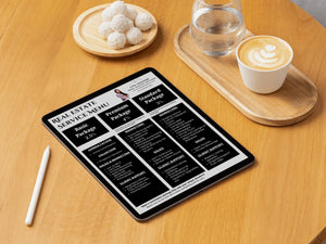 Overview of a Real Estate Service Menu with details on Basic, Premium, and Standard packages, including services such as property valuation, marketing strategies, and client support options.