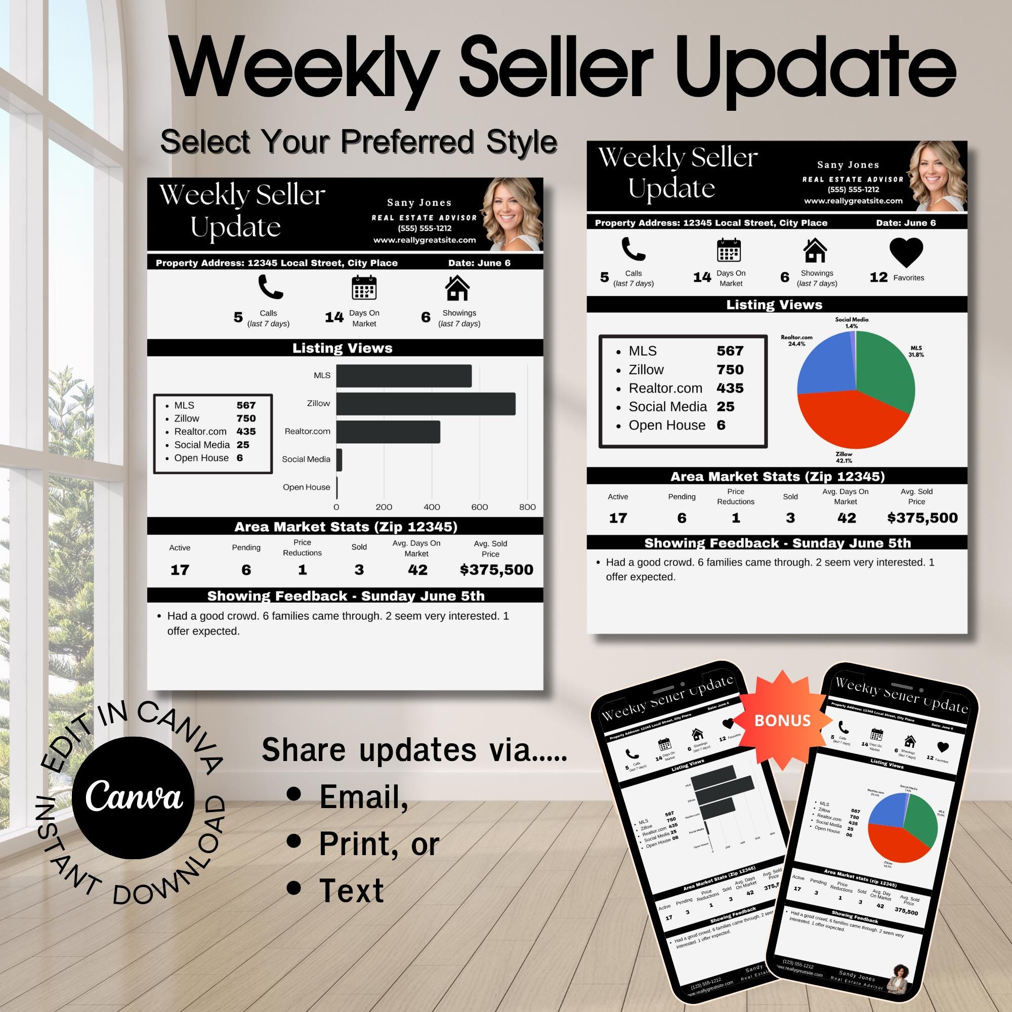 Real Estate Template Seller Update Template Weekly Listing Update Real Estate Marketing Tools Client Communication Template Real Estate Progress Report Listing Performance Update Property Status Report Canva Template