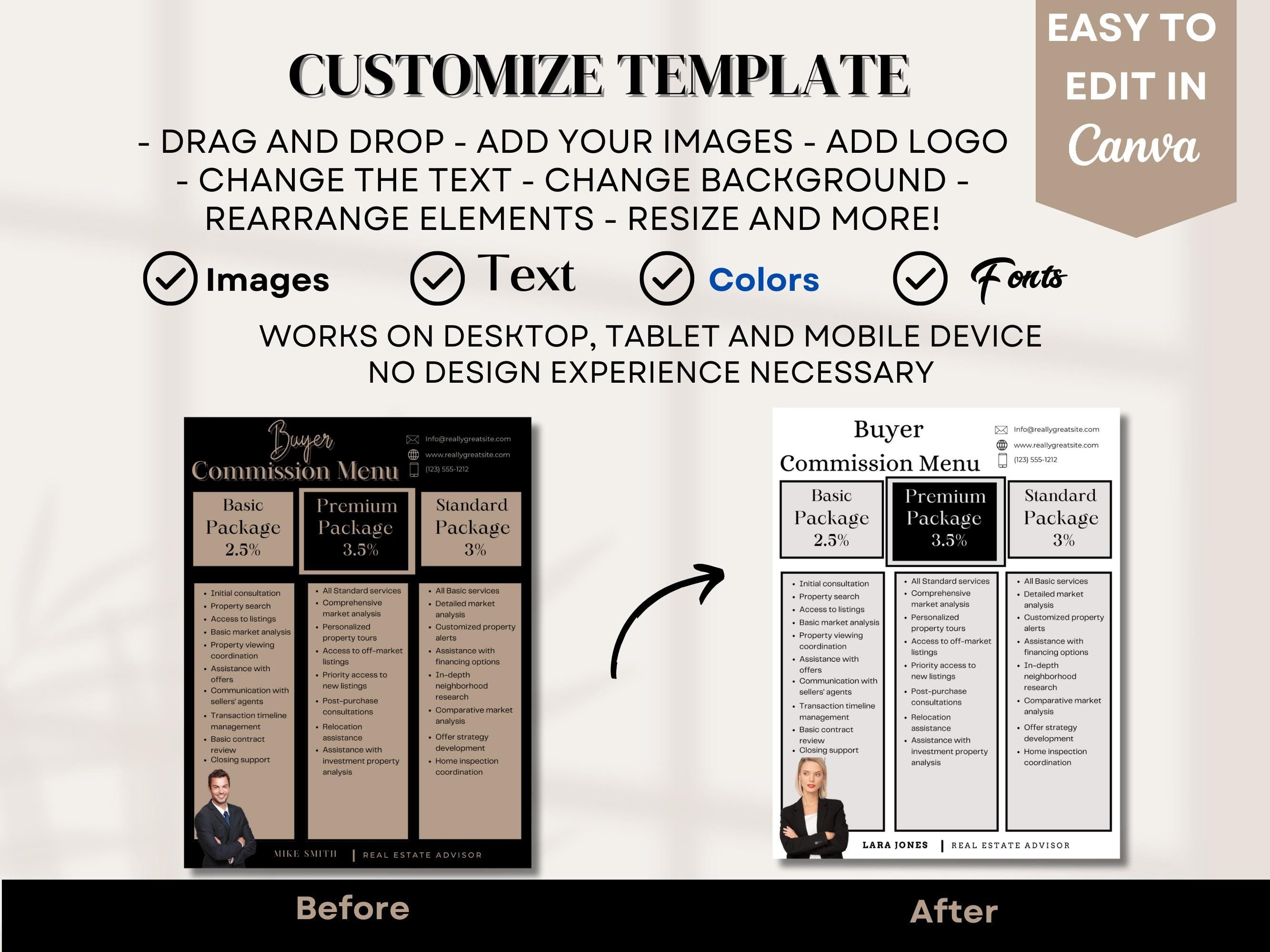 Illustration of the real estate commission menu template being edited in Canva, emphasizing the drag-and-drop features and easy-to-use customization tools available for realtors to personalize their service packages and pricing guide.