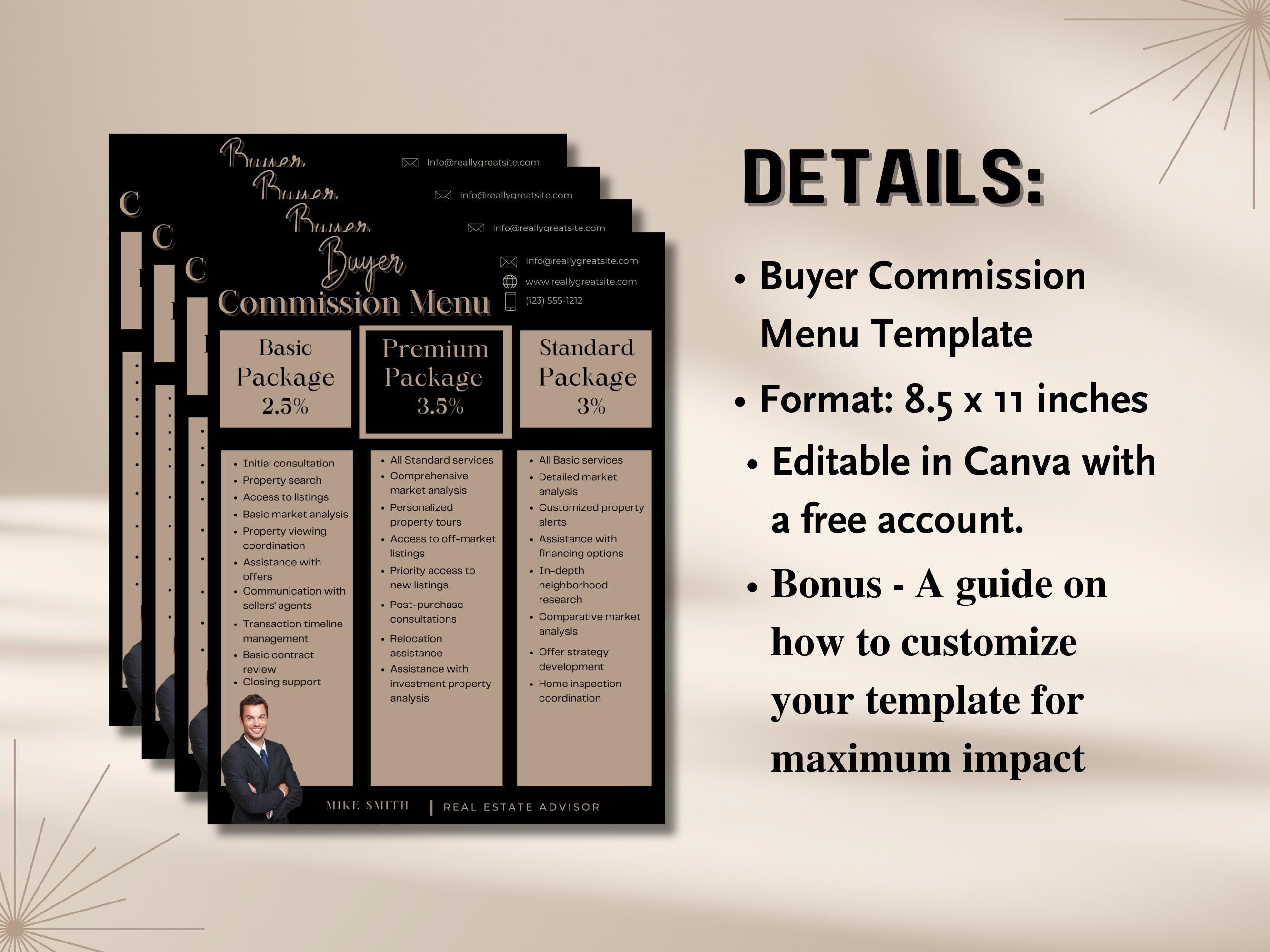 An overview of the features included in the real estate commission menu template, such as property search, market analysis, property viewing, offer assistance, closing support, and investment property analysis.