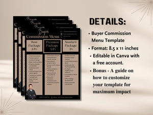 An overview of the features included in the real estate commission menu template, such as property search, market analysis, property viewing, offer assistance, closing support, and investment property analysis.