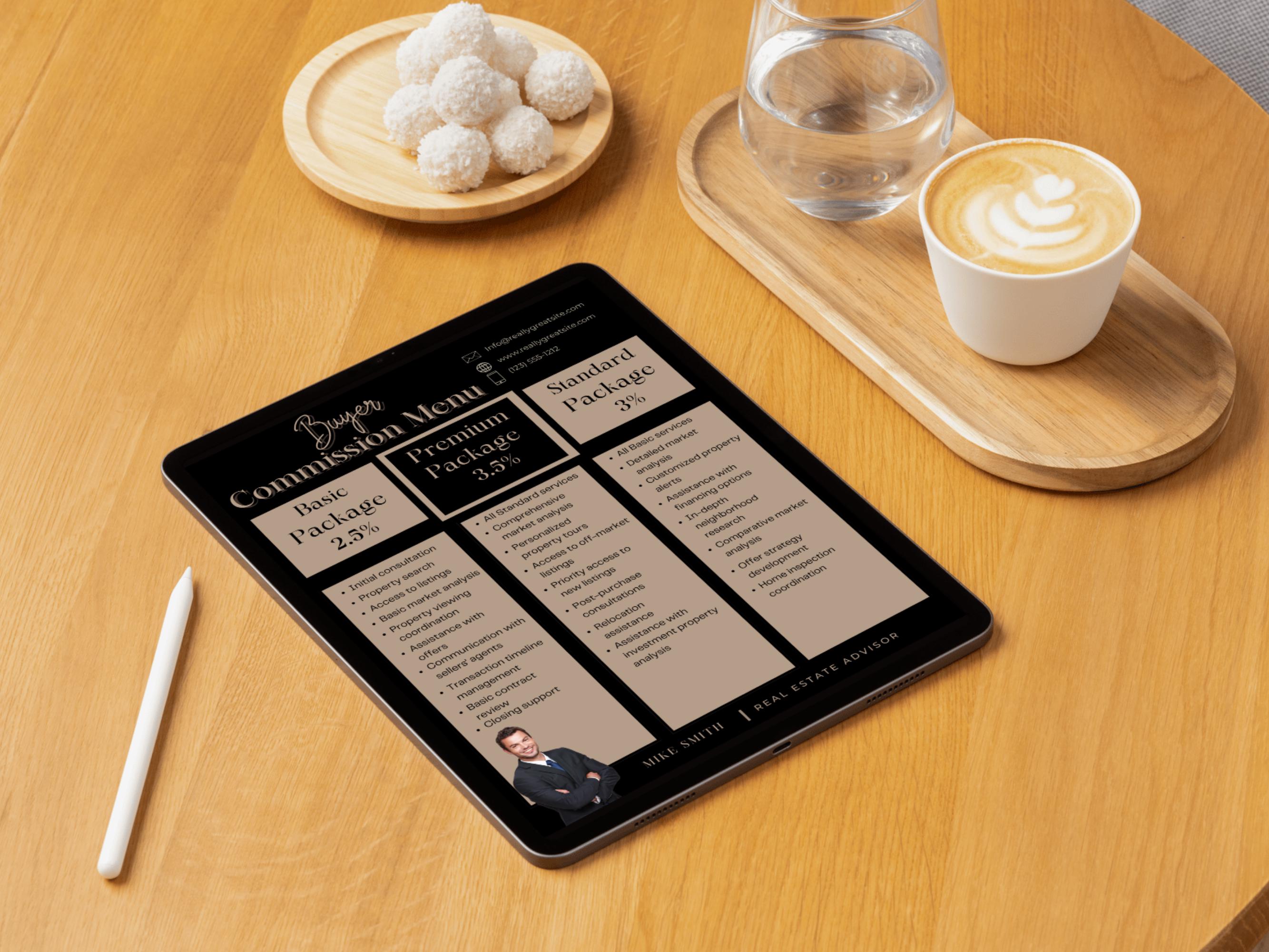 Image illustrating how the real estate commission menu template can be customized in Canva for instant and easy personalization.