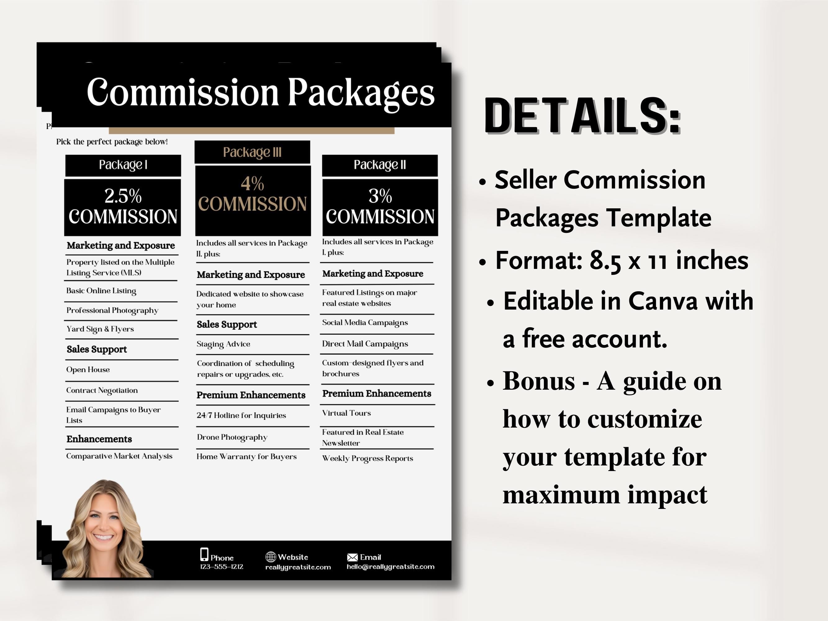 real estate commission menu template, editable Canva commission template, real estate agent marketing tools, professional commission structure template, customizable real estate commission menu, digital download real estate template