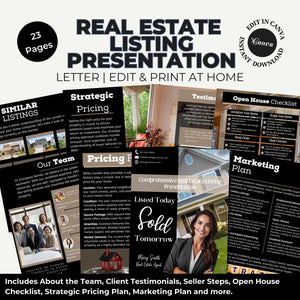 Editable Real Estate Agent Listing Presentation Template Canva Design with Strategic Pricing Plan, Open House Checklist, and Marketing Plan