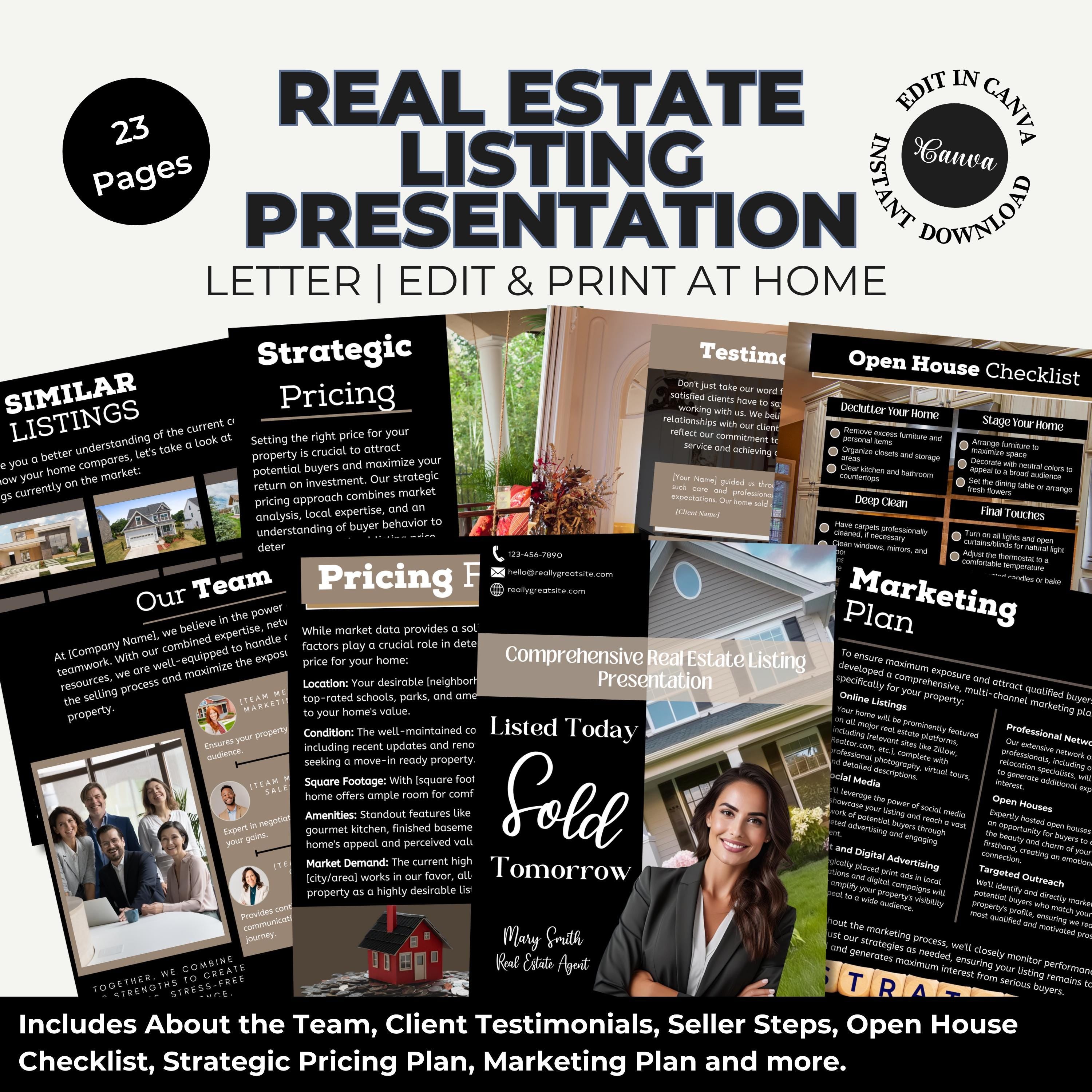 Editable Real Estate Agent Listing Presentation Template Canva Design with Strategic Pricing Plan, Open House Checklist, and Marketing Plan