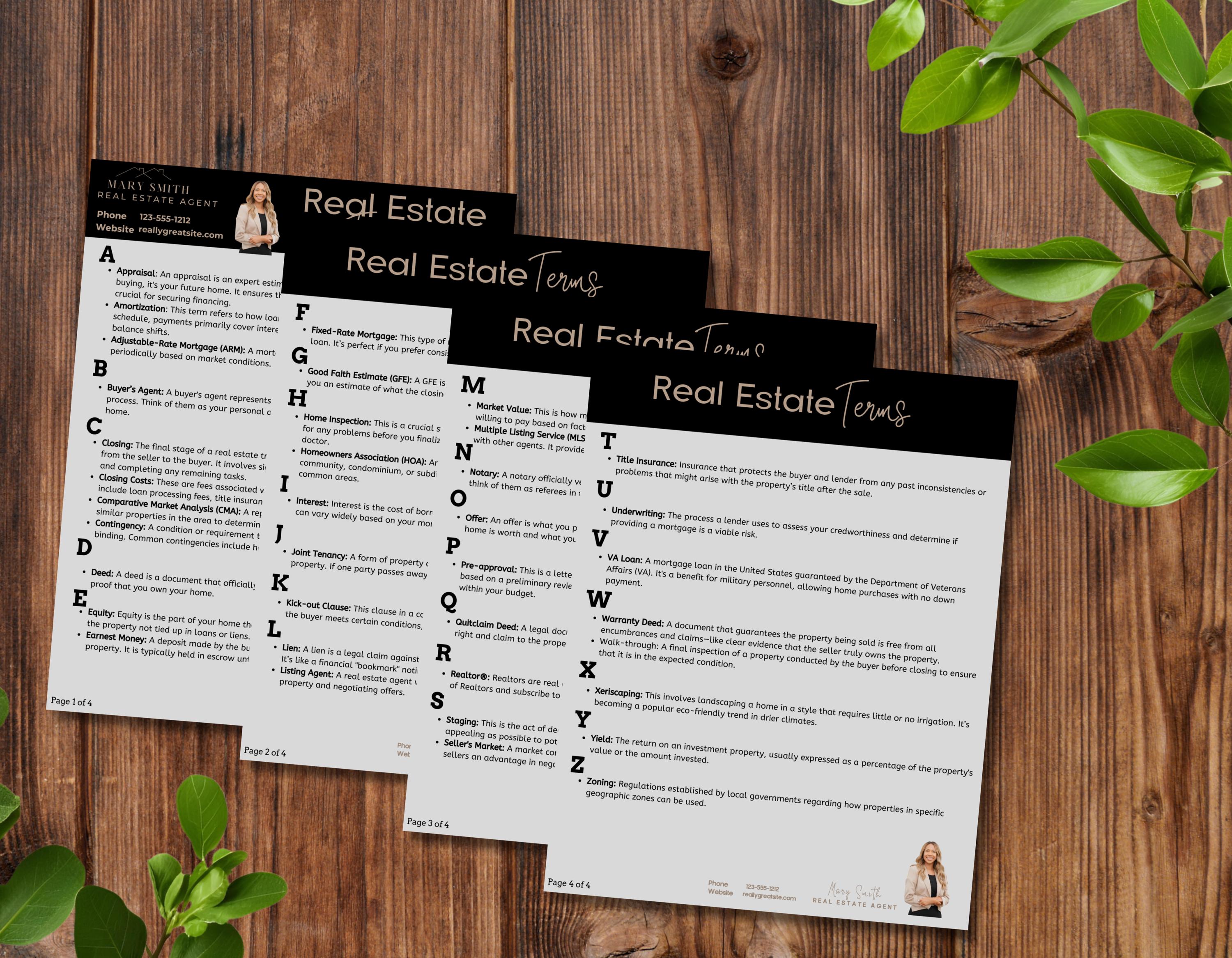 Educational real estate terminology cheat sheet to assist buyers and sellers during the transaction process.