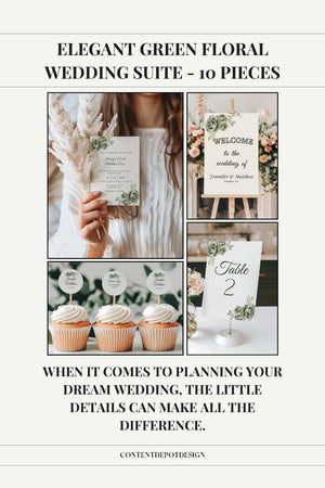 age Green Wedding Suite displayed on a rustic wooden table, featuring invitation, RSVP card, save-the-date card, detail card, and thank you card.