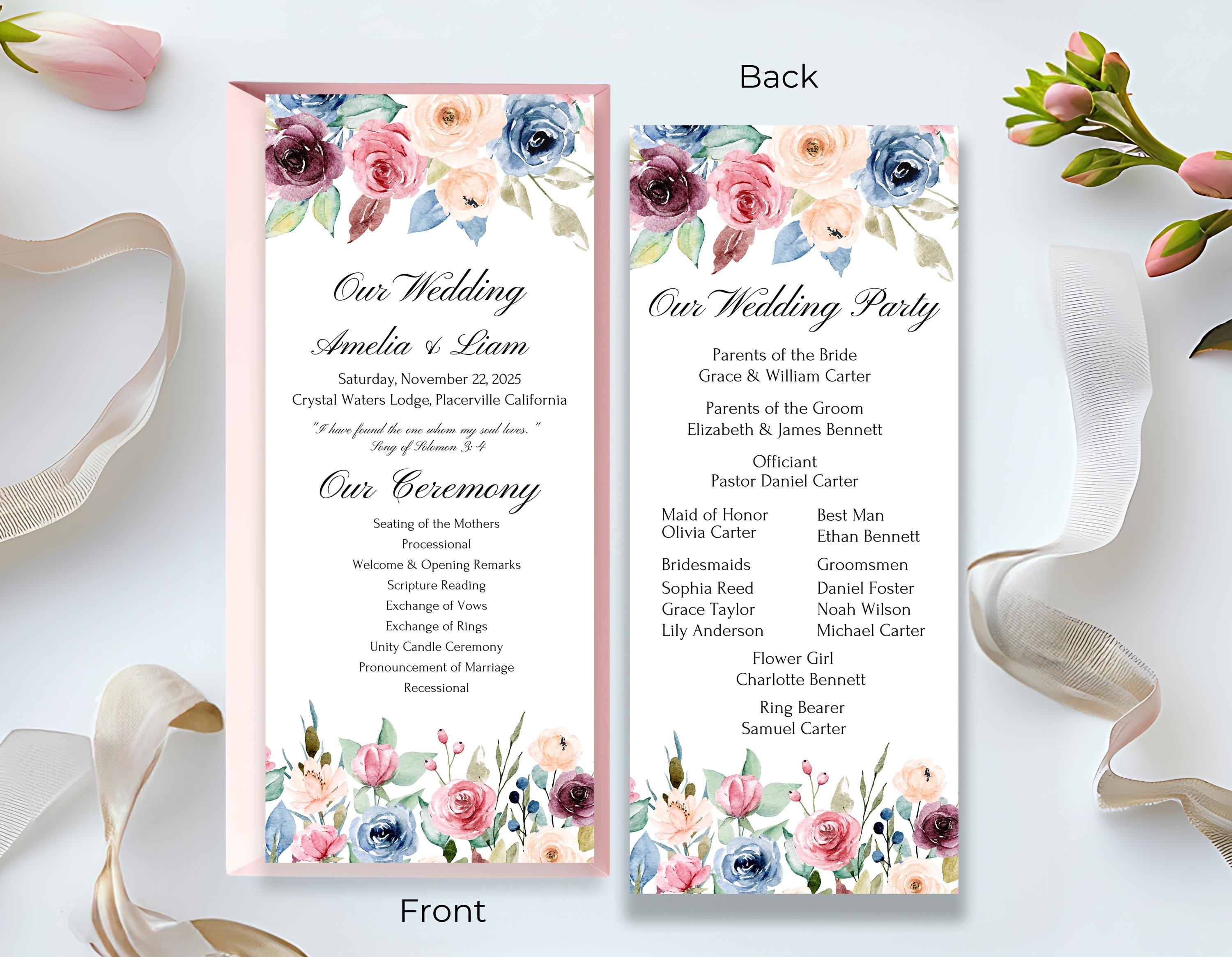 Editable wedding program template with blush floral accents, ideal for a cohesive wedding theme.