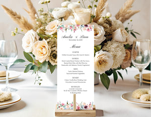DIY blush floral wedding menu template with refined design, easily customizable in Canva.