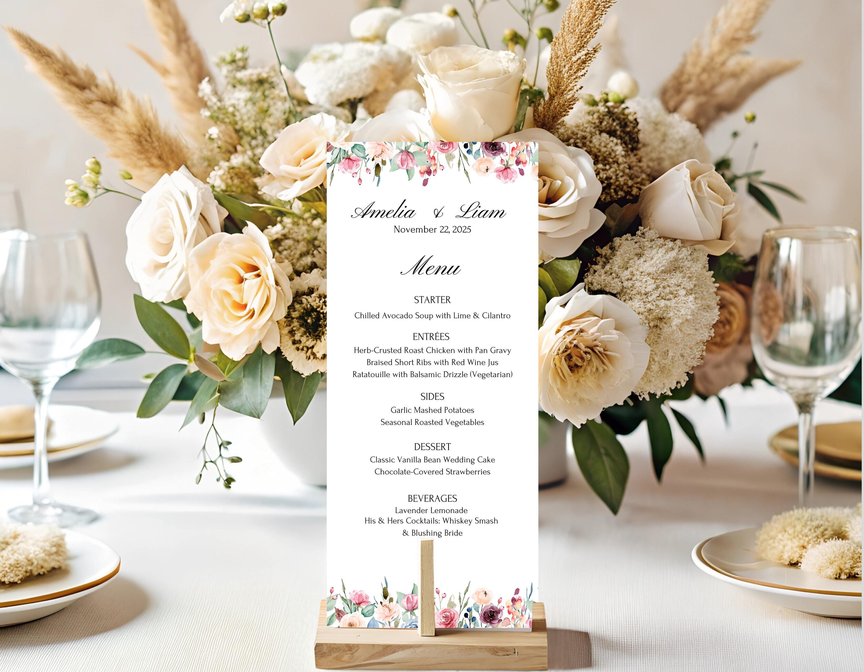 DIY blush floral wedding menu template with refined design, easily customizable in Canva.