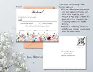 Close-up of blush floral wedding templates showing editable text, fonts, and colors in Canva