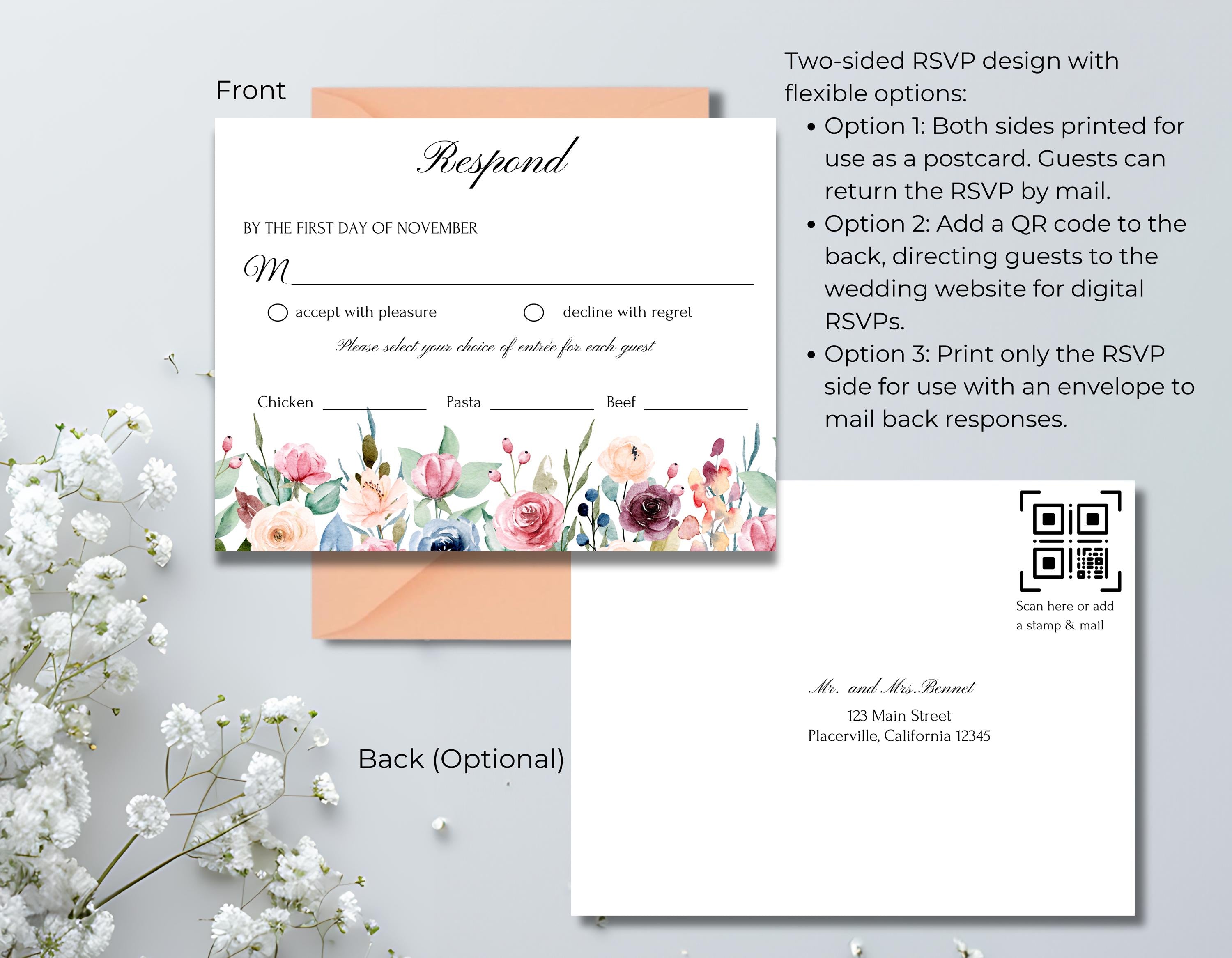 Close-up of blush floral wedding templates showing editable text, fonts, and colors in Canva