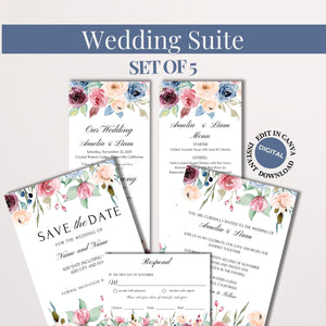 Editable blush floral wedding invitation template featuring pastel floral designs, customizable in Canva