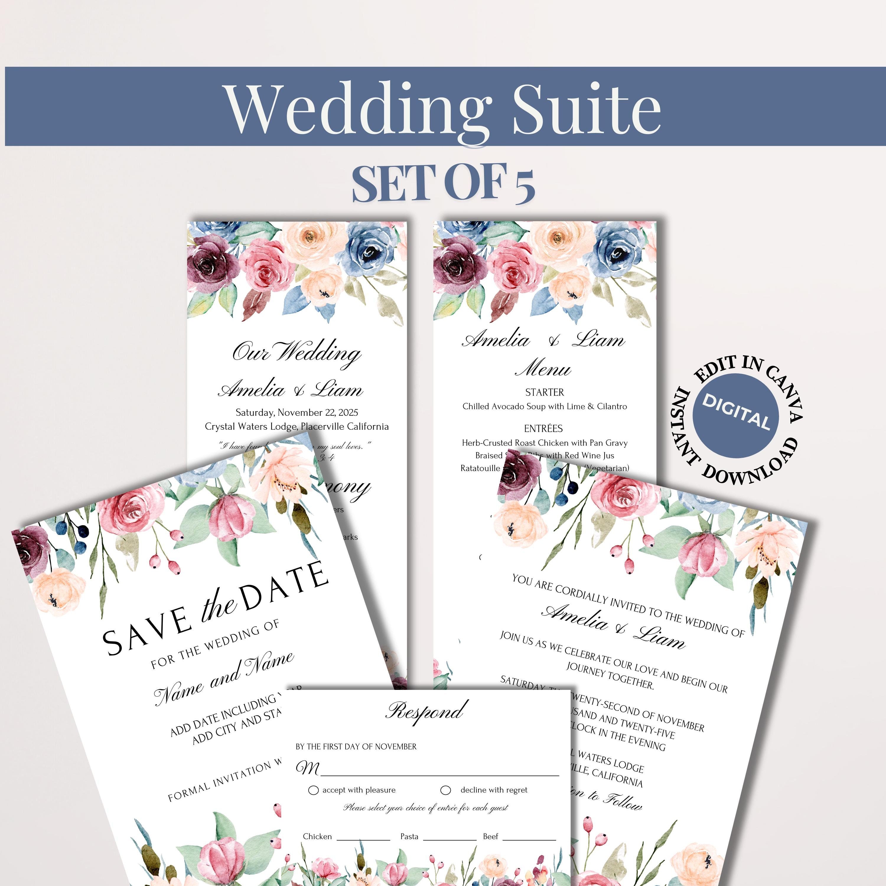 Editable blush floral wedding invitation template featuring pastel floral designs, customizable in Canva