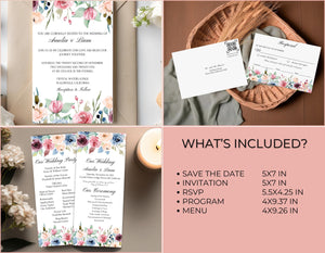 Set of 5 blush floral wedding templates, including Save the Date, invitation, RSVP, menu, and program, displayed together for a cohesive look.