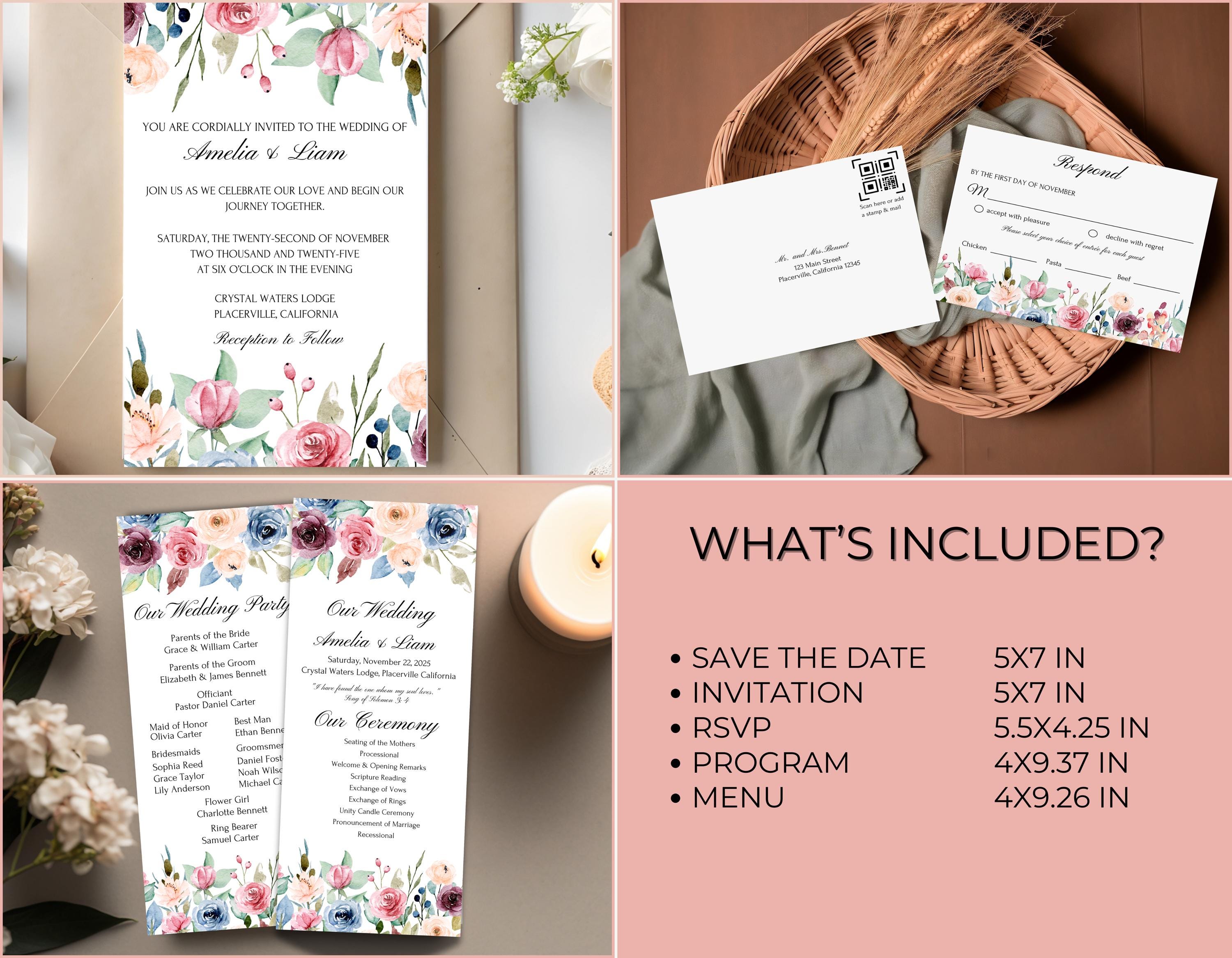 Set of 5 blush floral wedding templates, including Save the Date, invitation, RSVP, menu, and program, displayed together for a cohesive look.