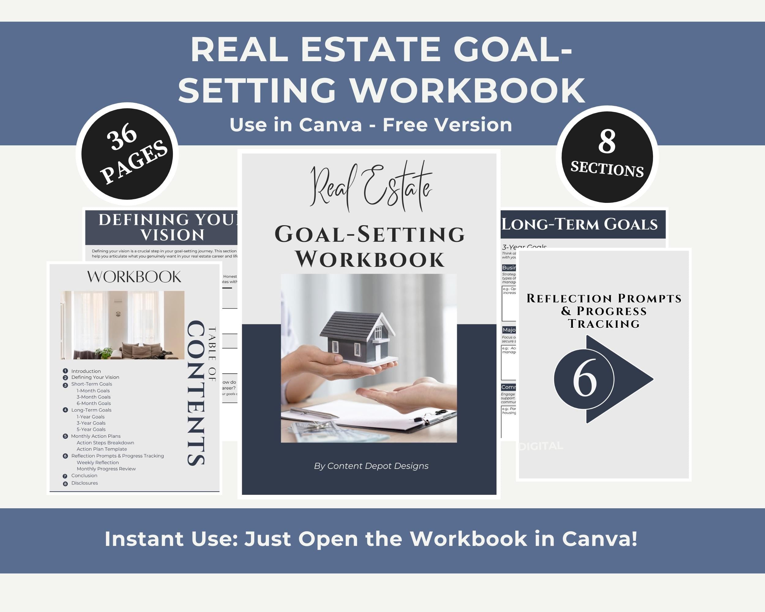 Real Estate Goal-Setting Workbook with 36 pages, designed for real estate agents to define professional and personal goals, featuring editable Canva templates.