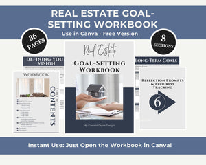 Real Estate Goal-Setting Workbook with 36 pages, designed for real estate agents to define professional and personal goals, featuring editable Canva templates.