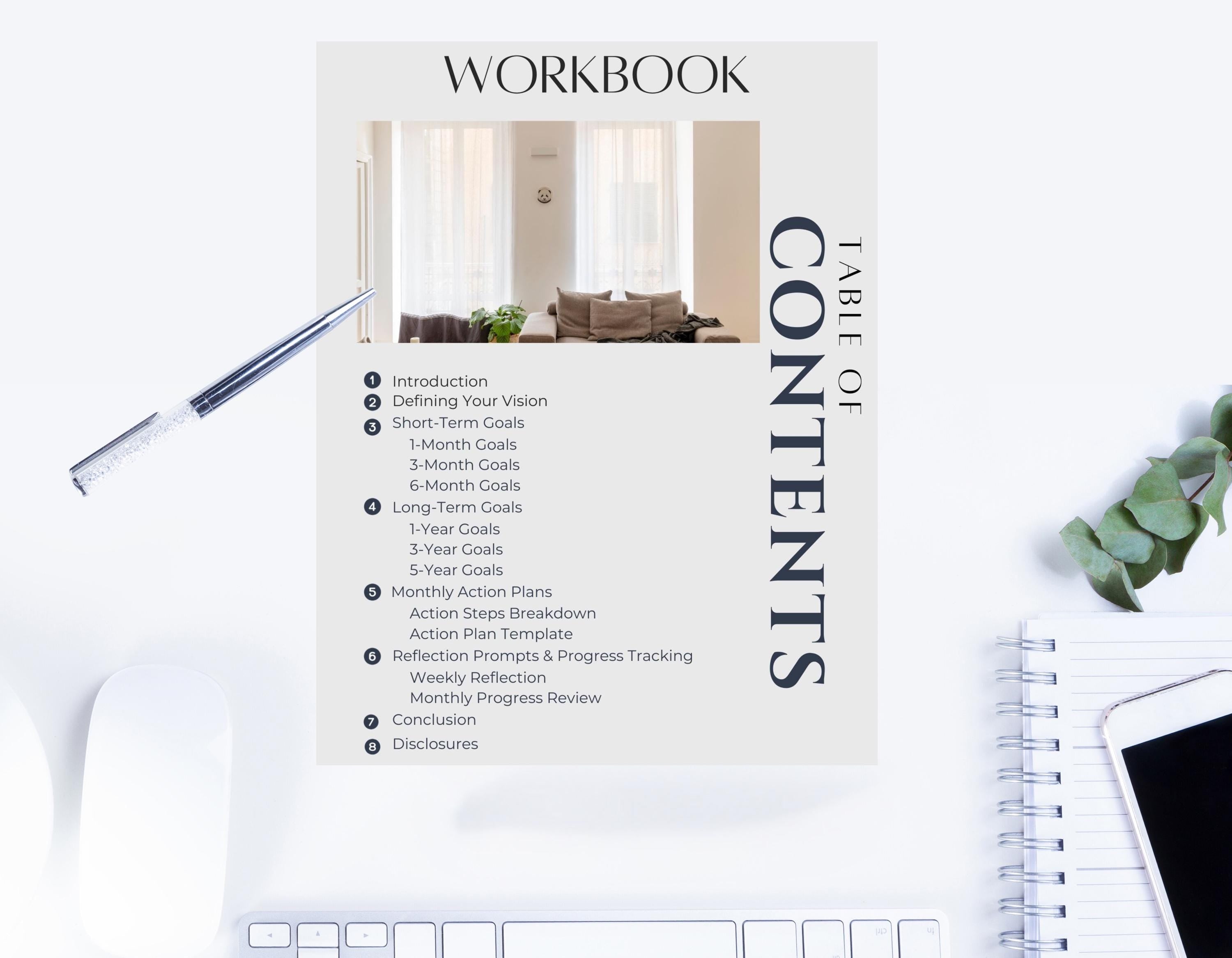 Digital download of a real estate planner with structured goal-setting prompts, short- and long-term planning, and business organization tools.