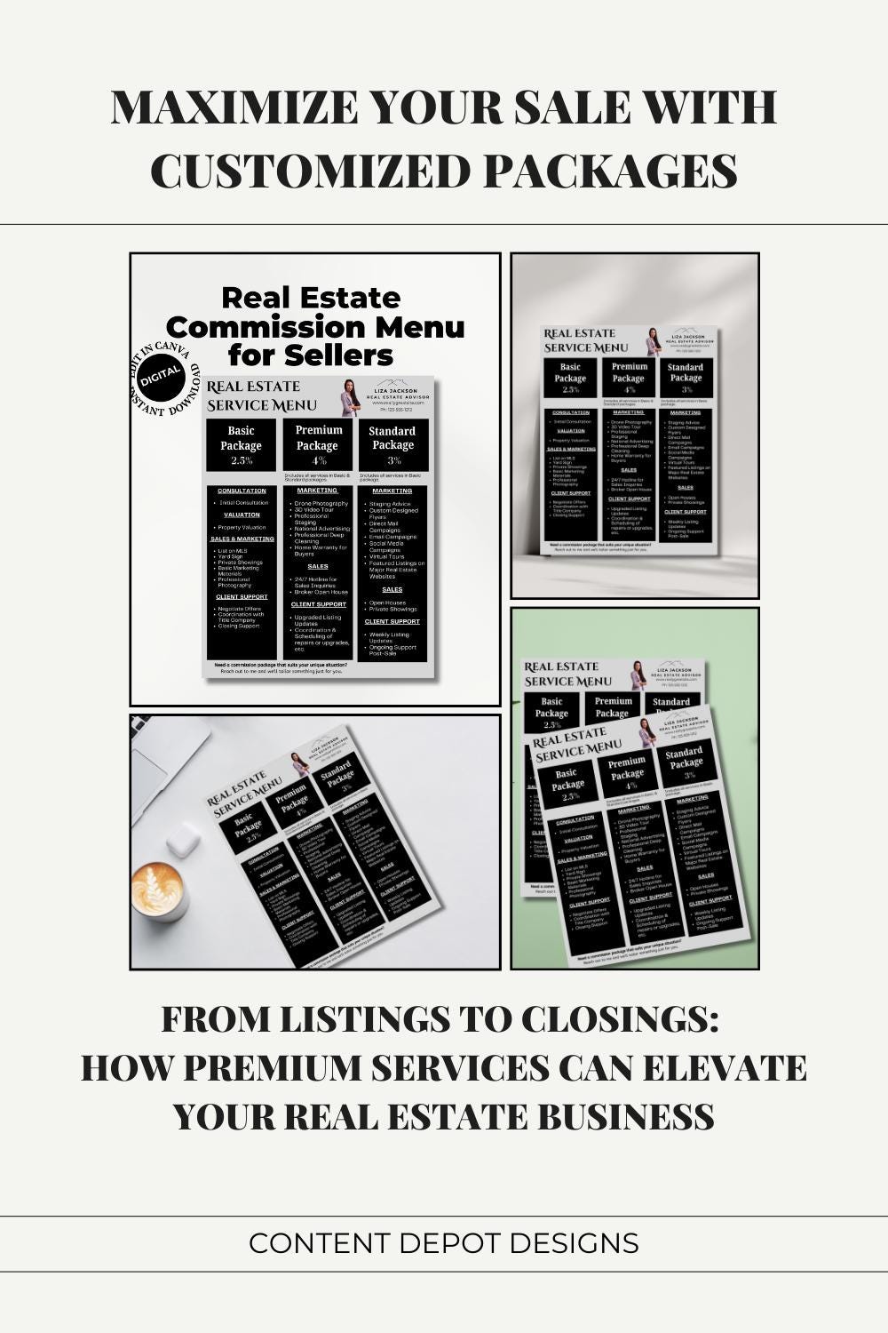 Real Estate Seller Service Menu with Basic, Premium, and Standard packages. From Listings to Closings: How Premium Services Can Elevate Your Real Estate Business.