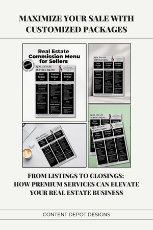 Real Estate Seller Service Menu with Basic, Premium, and Standard packages. From Listings to Closings: How Premium Services Can Elevate Your Real Estate Business.