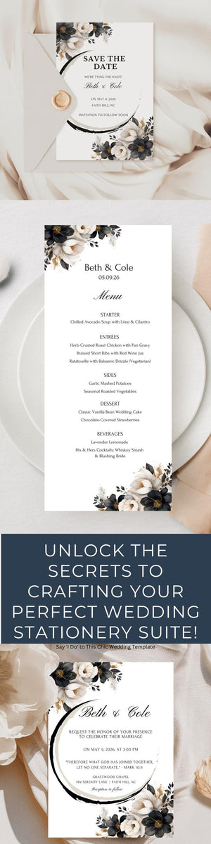 Floral Wedding Invitations Floral Wedding Suite Digital Download Printable Wedding Invitations Customizable Wedding Invitations Black and Cream Wedding Invitations Wedding Stationery