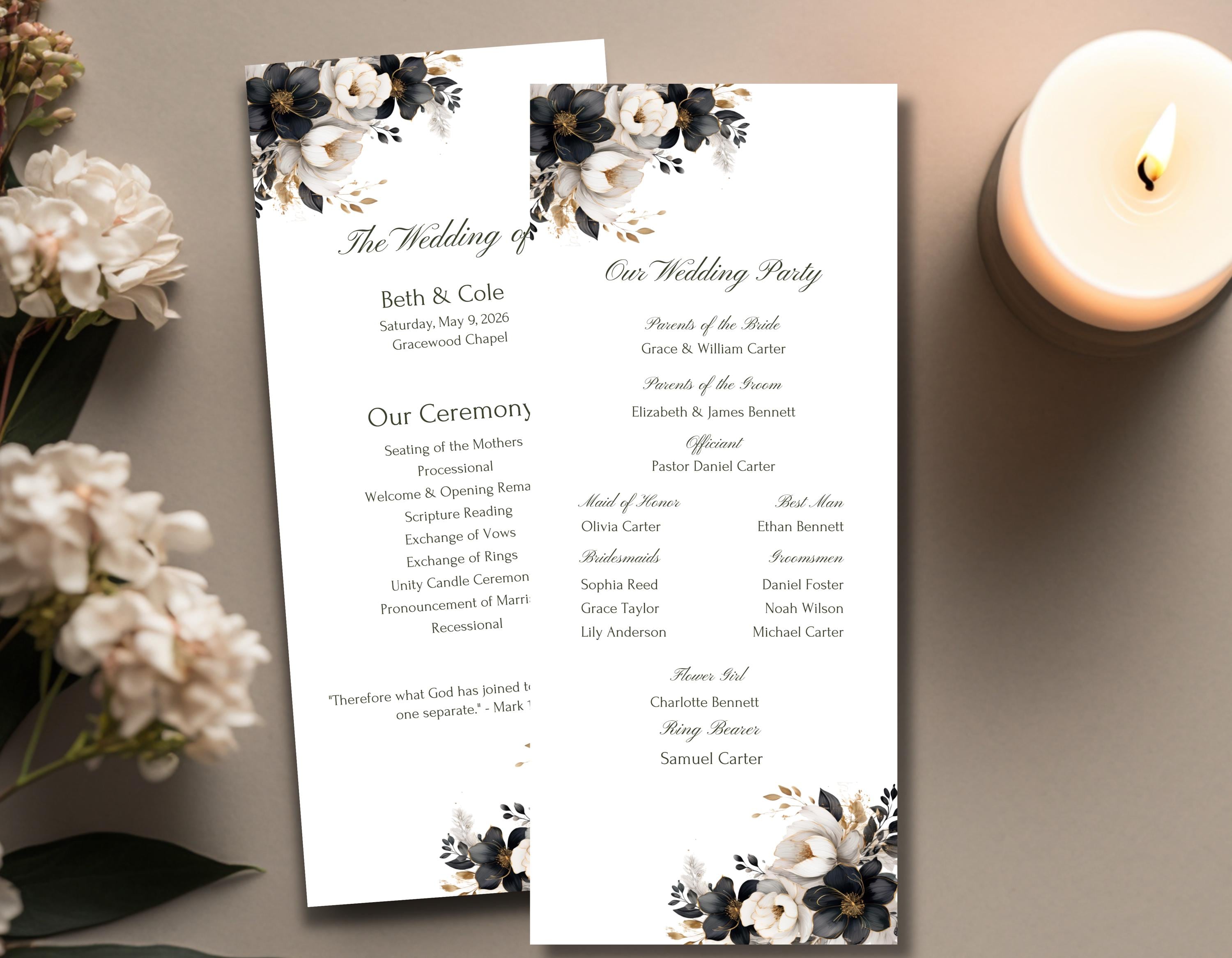 Floral Wedding Suite Black Cream Editable Canva Templates Save the Date Invitation RSVP Program DIY Printable Wedding Stationery