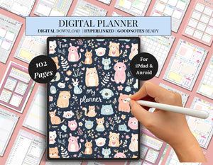 Hyperlinked digital planner for iPad and Android tablets, designed for Goodnotes with cute animal-themed covers and pastel layouts.